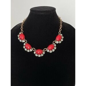 Stella & Dot Necklace Antique Gold Tone Cherry Red Acrylic Inserts Rhinestones